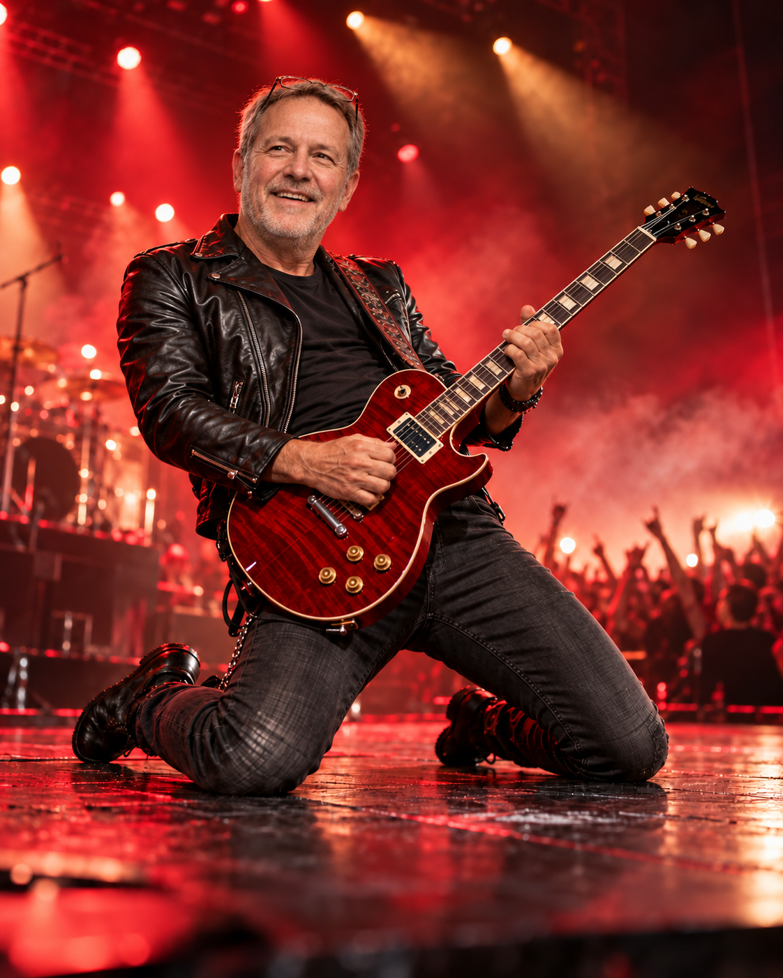 Mike transformed into a guitarist performing on a red-lit concert stage